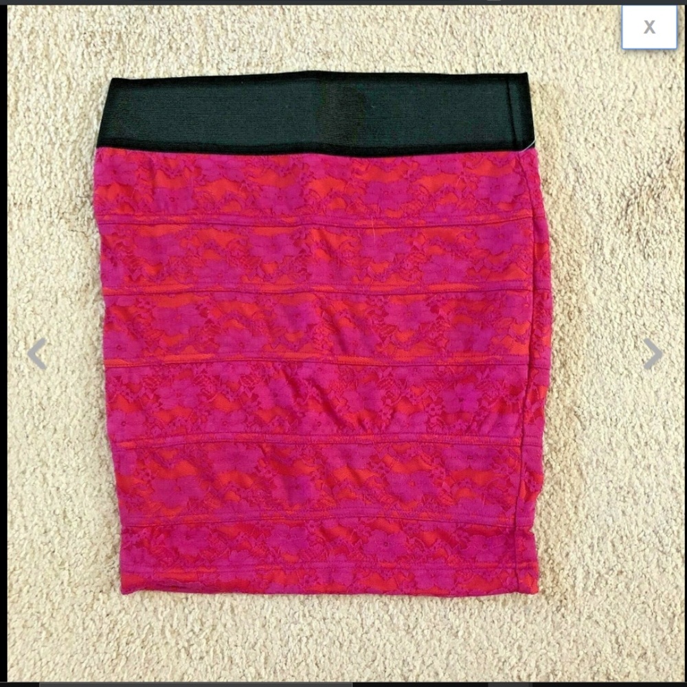 Floral Lace Belted Banded Mini Bodycon Skirt M